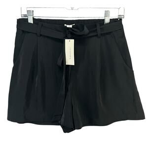 Francesca Blue Rain Shorts Women M Black Satin Tie Waist Pockets Modern Boutique